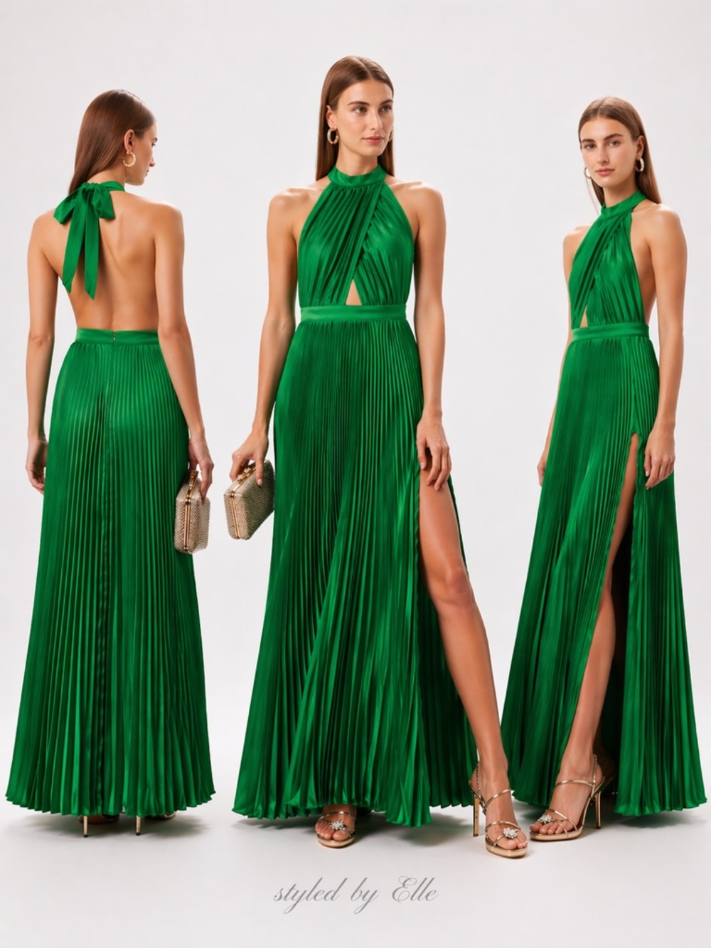 L'IDÉE Green Renaissance Gown Emerald Green Pleated Halter Maxi Dress US Size 10